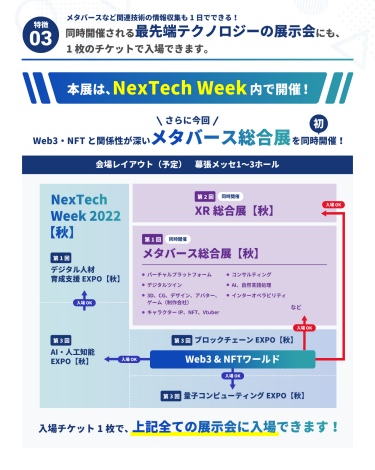 同時開催される最先端テクノロジーの展示会にも、1枚のチケットで入場できます。