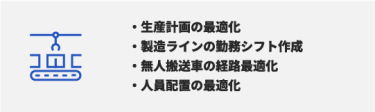 ・生産計画の最適化 ・製造ラインの勤務シフト作成 ・無人搬送車の経路最適化 ・人員配置の最適化