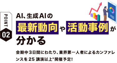 【ポイント02】AI、生成AIの 最新動向や活動事例が分かる　会期中３日間にわたり、業界第一人者によるカンファレンスを25講演以上*開催予定！