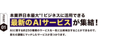 【ポイント01】本業界日本最大*！ビジネスに活用できる最新のAIサービスが集結！　AIに関する約250種類のサービスを一気に比較検討することができるので、 貴社の課題にマッチしたサービスが見つかります。