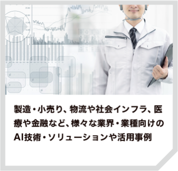 製造・小売り、物流や社会インフラ、医療や金融など、様々な業界・業種向けのAI技術・ソリューションや活用事例