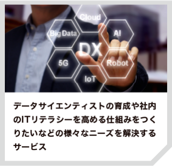 データサイエンティストの育成や社内のITリテラシーを高める仕組みをつくりたいなどの様々なニーズを解決するサービス