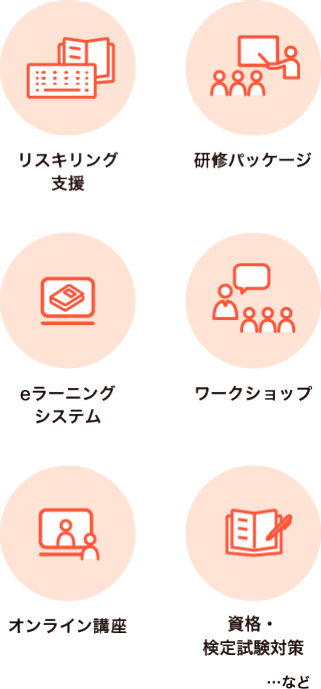 リスキリング 支援/研修パッケージ/eラーニング システム/ワークショップ/オンライン講座/資格・ 検定試験対策...など