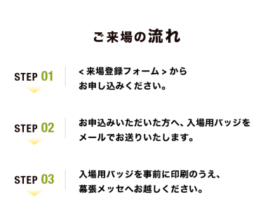 【ご来場の流れ】Step01：<来場登録フォーム>からお申し込みください。　Step02：お申込みいただいた方へ、入場用バッジをメールでお送りいたします。　Step03：入場用バッジを事前に印刷のうえ、幕張メッセへお越しください。