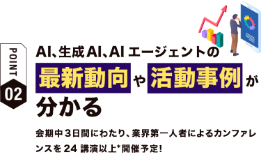 【ポイント02】AI、生成AIの 最新動向や活動事例が分かる　会期中３日間にわたり、業界第一人者によるカンファレンスを24講演以上*開催予定！