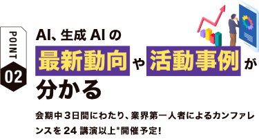 【ポイント02】AI、生成AIの 最新動向や活動事例が分かる　会期中３日間にわたり、業界第一人者によるカンファレンスを24講演以上*開催予定！