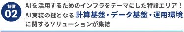 【特徴2】AIを活用するためのインフラをテーマにした特設エリア！ AI実装の鍵となる計算基盤・データ基盤・運用環境に関するソリューションが集結